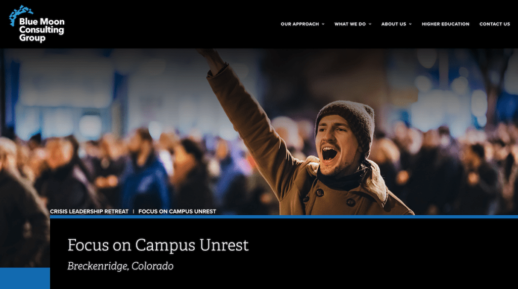 Screenshot of the Blue Moon Consulting Group's website advertising a "crisis leadership retreat" on "campus unrest" held in Breckenridge, Colorado on July 31 - August 2, 2024.